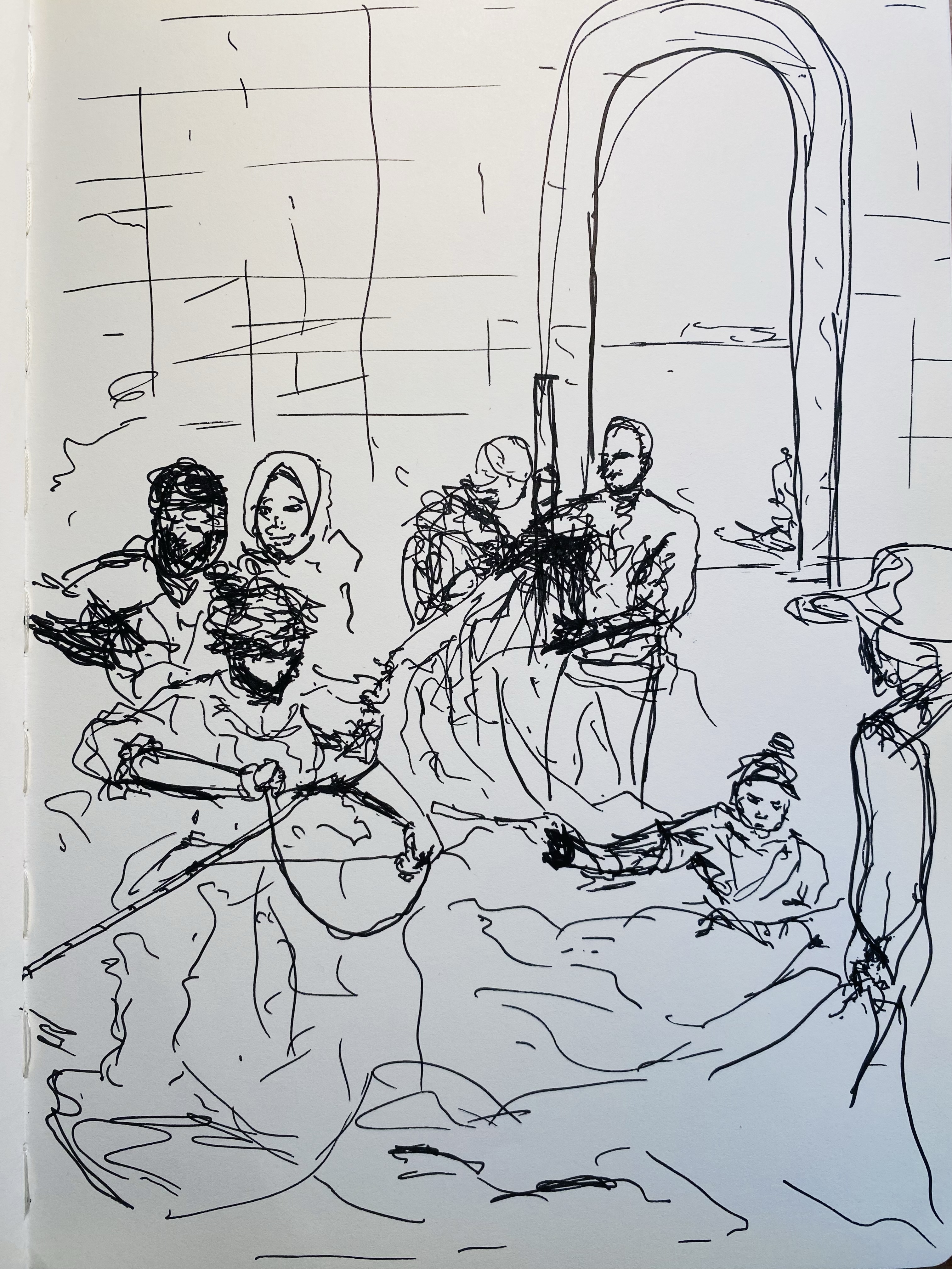 Ink on paper sketch study of Sewing the Sail by Sorolla.