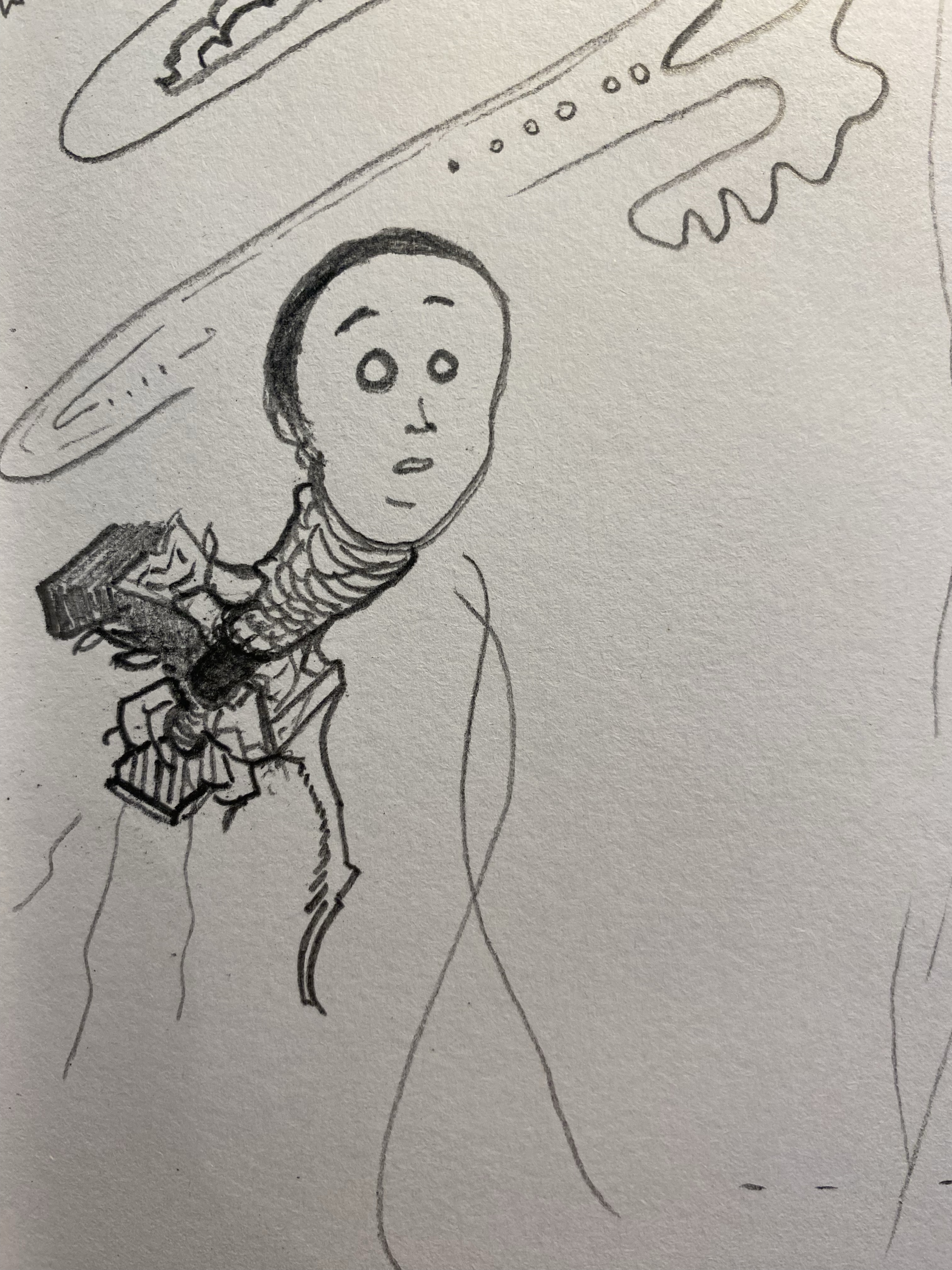 Pencil sketch of an upset disembodied head attached to some kind of mechanical (and partly organic?) flying contraption.