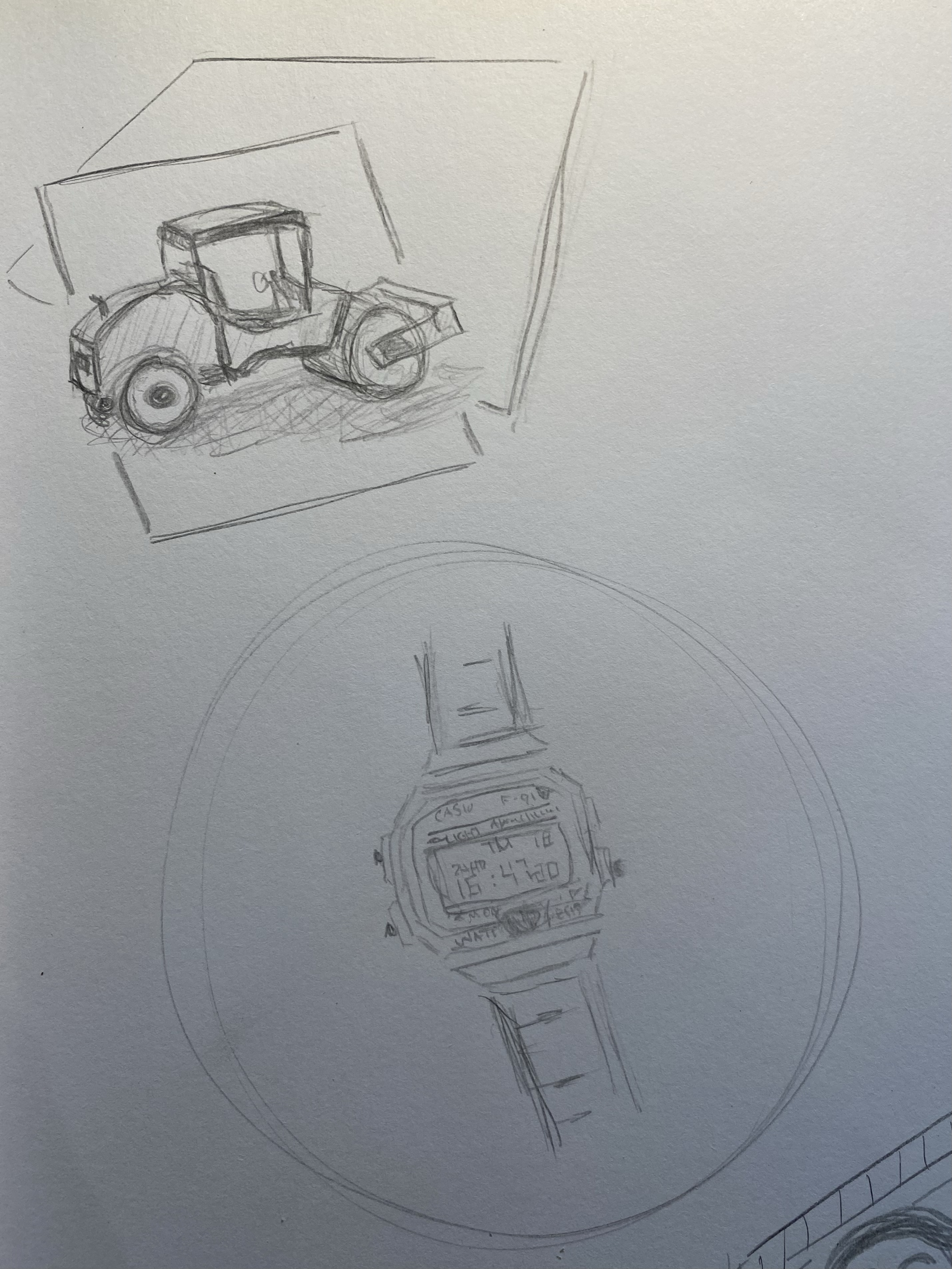Pencil sketches of a steamroller (top left) and a Casio watch (bottom right).