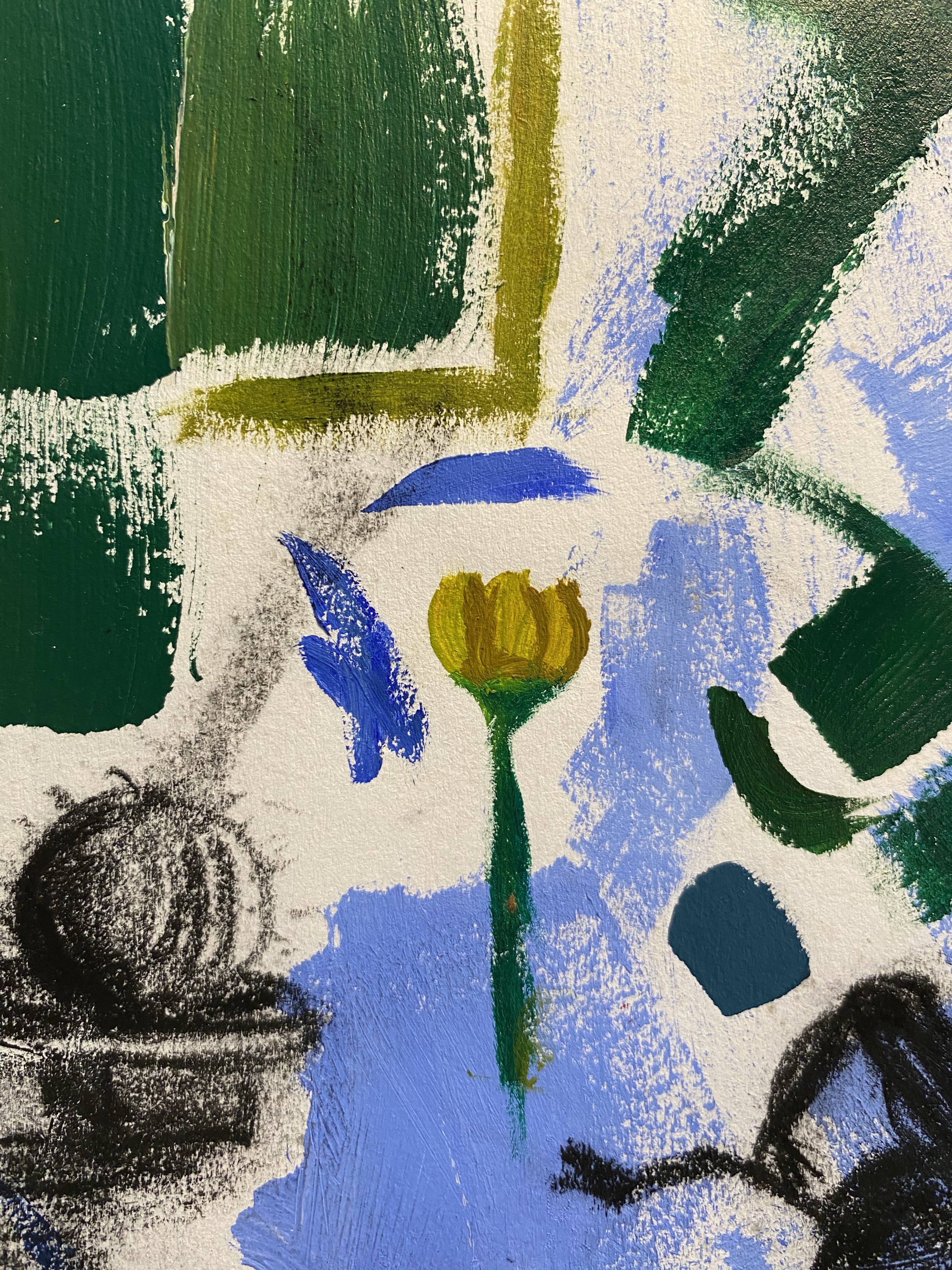 Section of a sketchbook page. There are several doodles. Front and center is a simple yellow flower in acrylic paint. To the left is a small spherical cactus, drawn in charcoal. There are streaks of colored paint across the page, mostly greens, blues, yellows, and black.
