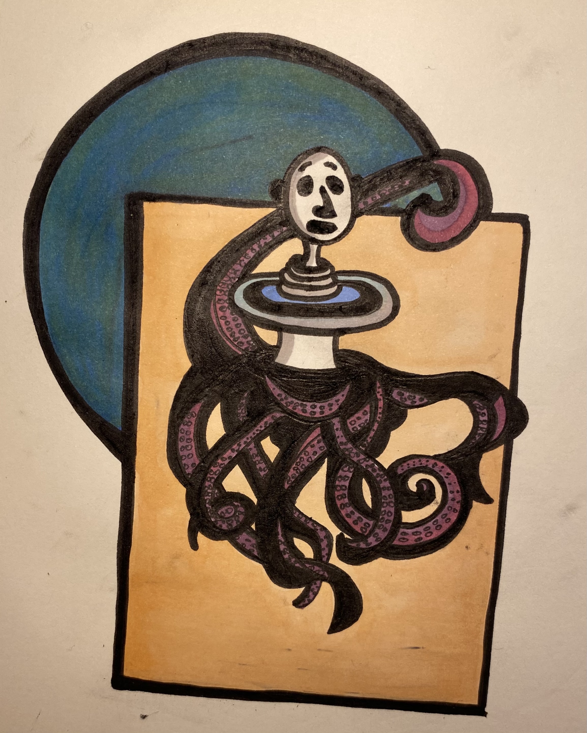 An illustration in ink and marker of a humanoid figure with octopus tentacles. The person’s torso consists of concentric disks. The figure is laid on top of two geometric shapes: first is a lightly colored rectangle which is situated above a greenish-blue circle.