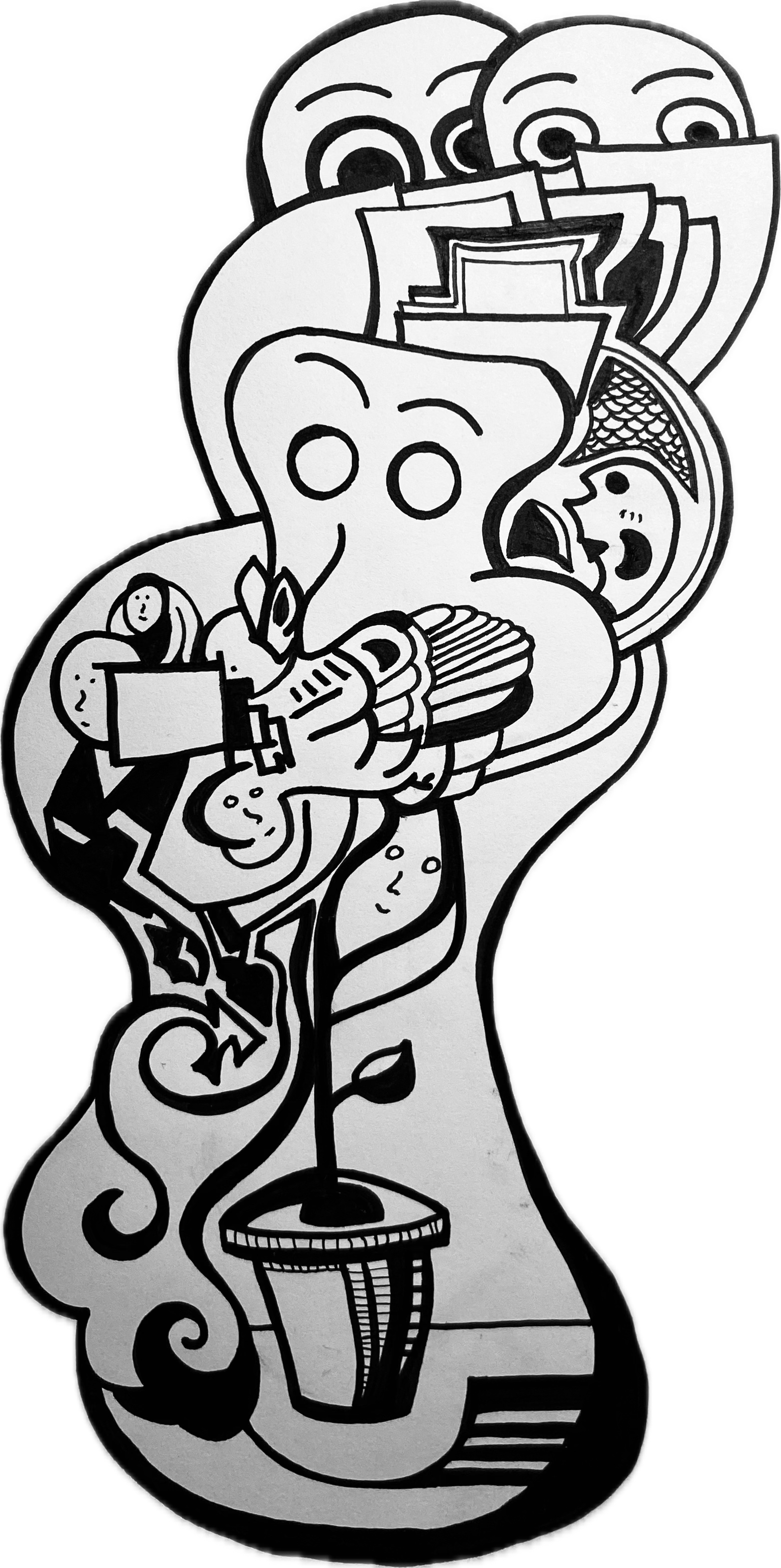 Abstract ink drawing from a notebook. There are several faces and small creatures within the lines.