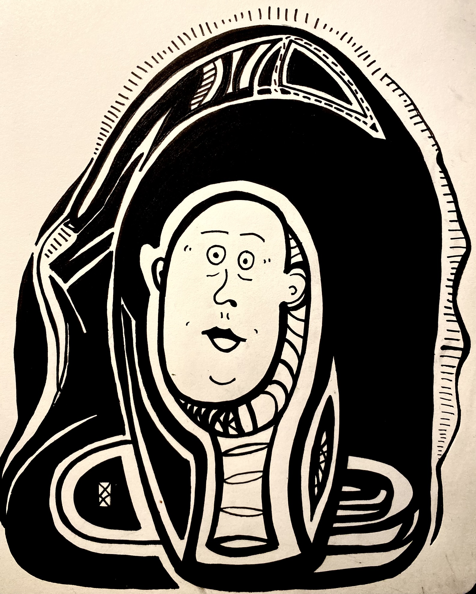Ink drawing of an abstract figure with a surprised face. The face is situated atop a shape that somewhat resembles a toothbrush. There are shapes of black and negative space around the character.