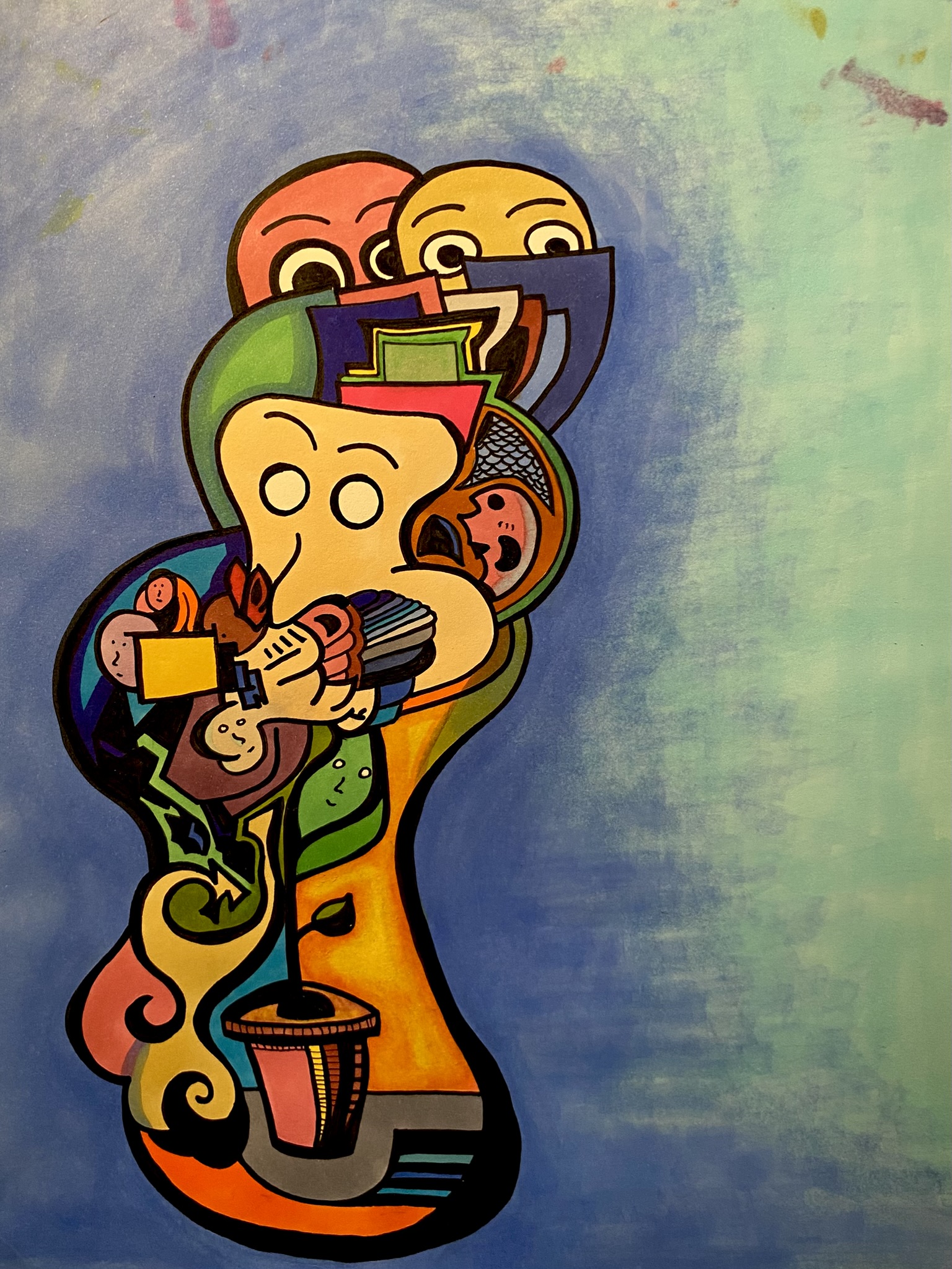 Abstract ink drawing colored in alcohol marker. There is a web of shapes, faces, and strange beings of many forms and colors caught in a droplet-shaped structure.