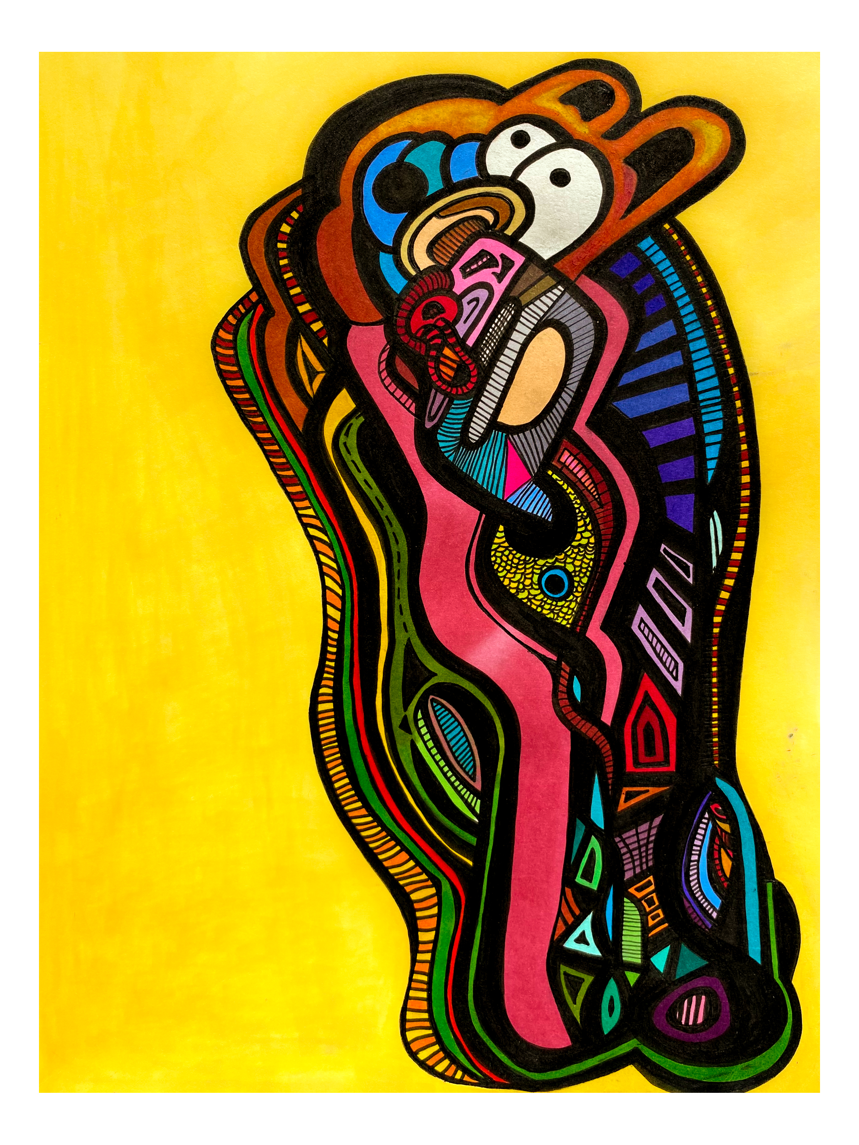 Abstract ink drawing, colored in marker. Black shapes and colorful negative space are arranged in the rough shape of some kind of sluggish creature with teddy bear ears. It is situated on a yellow background.