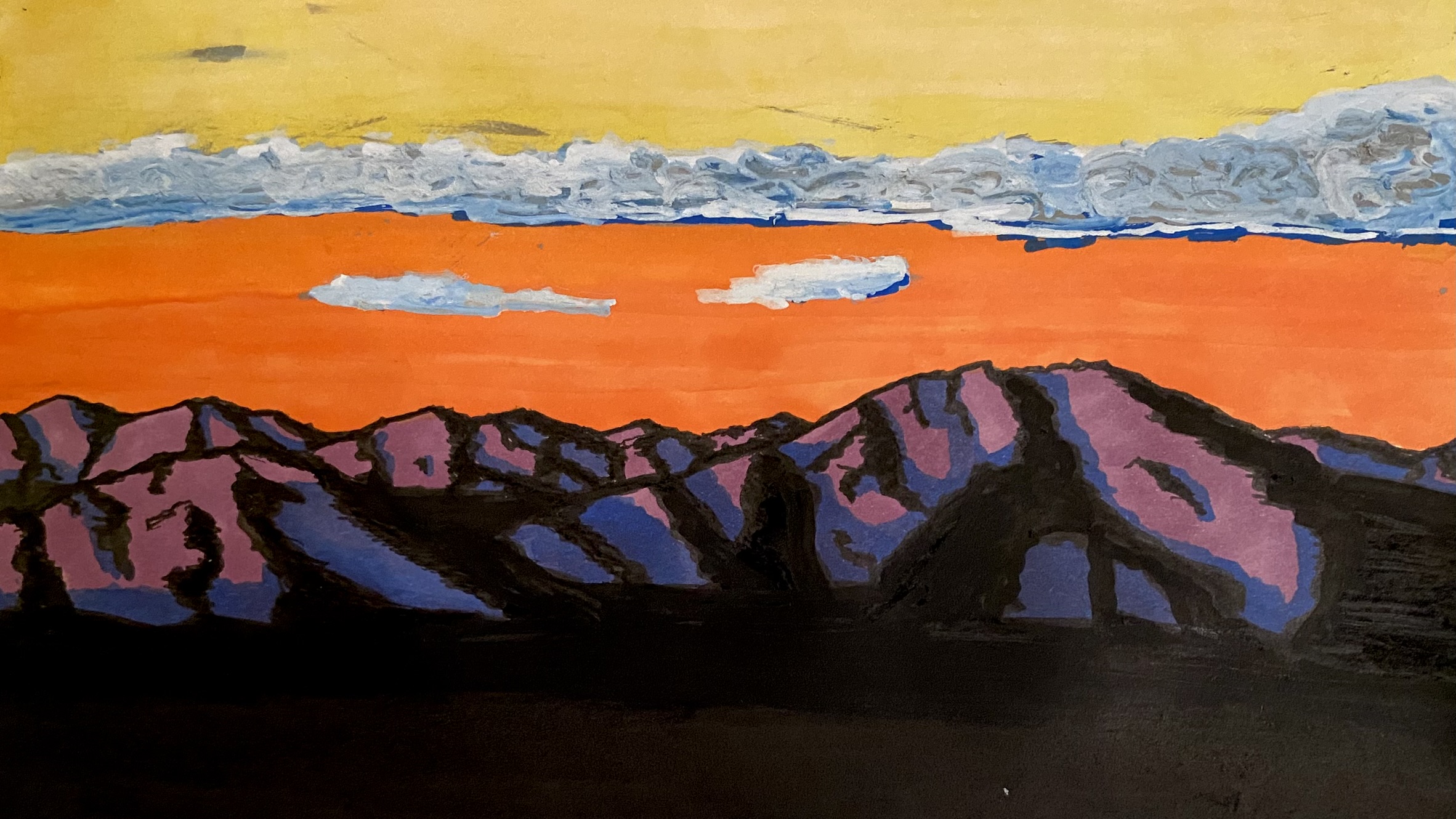 Mixed media drawing of a mountain range at around sunset. The light is hitting the sides of the mountains, but shadow has crept over much of the landscape.