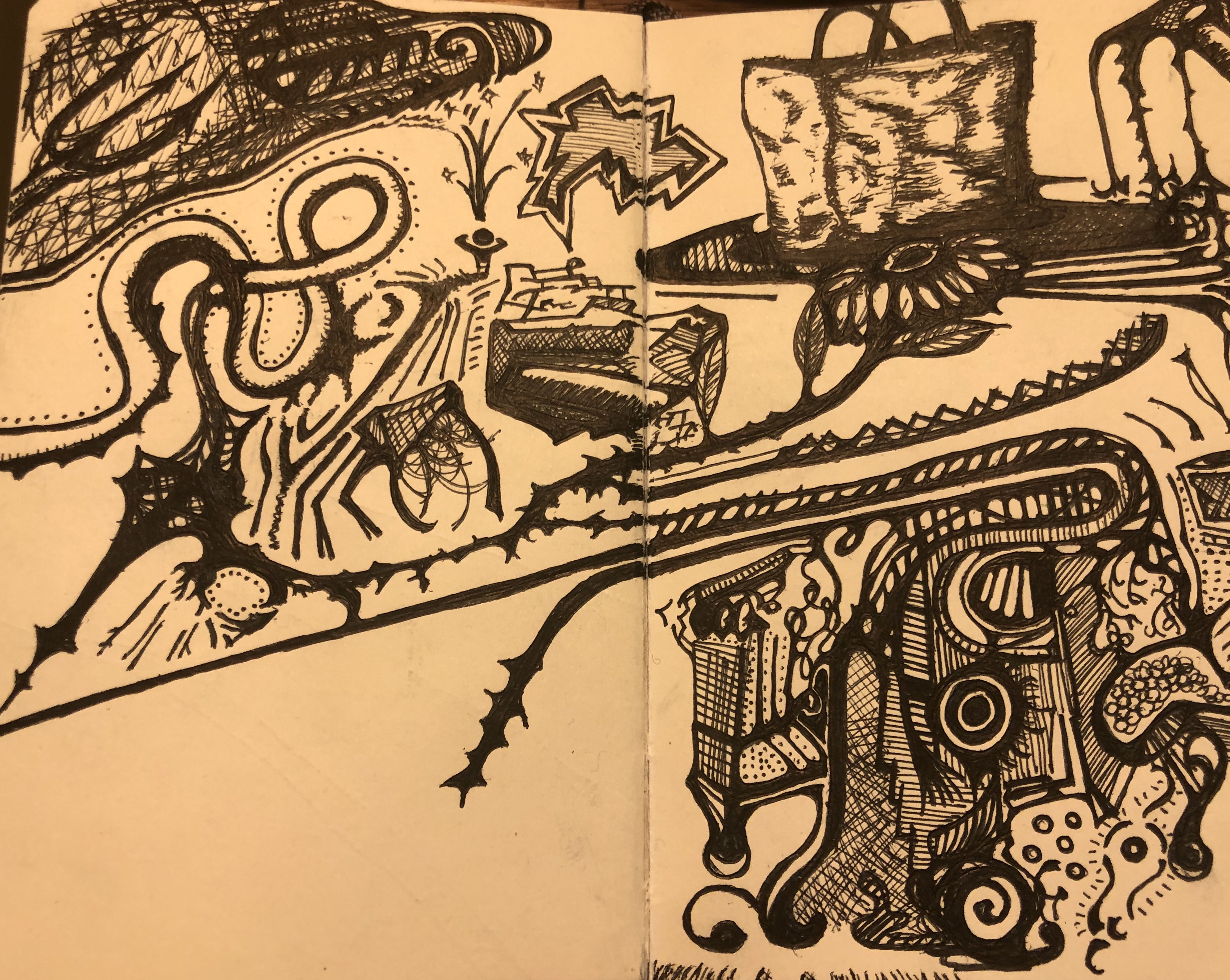 Pencil sketch of an upset disembodied head attached to some kind of mechanical (and partly organic?) flying contraption.