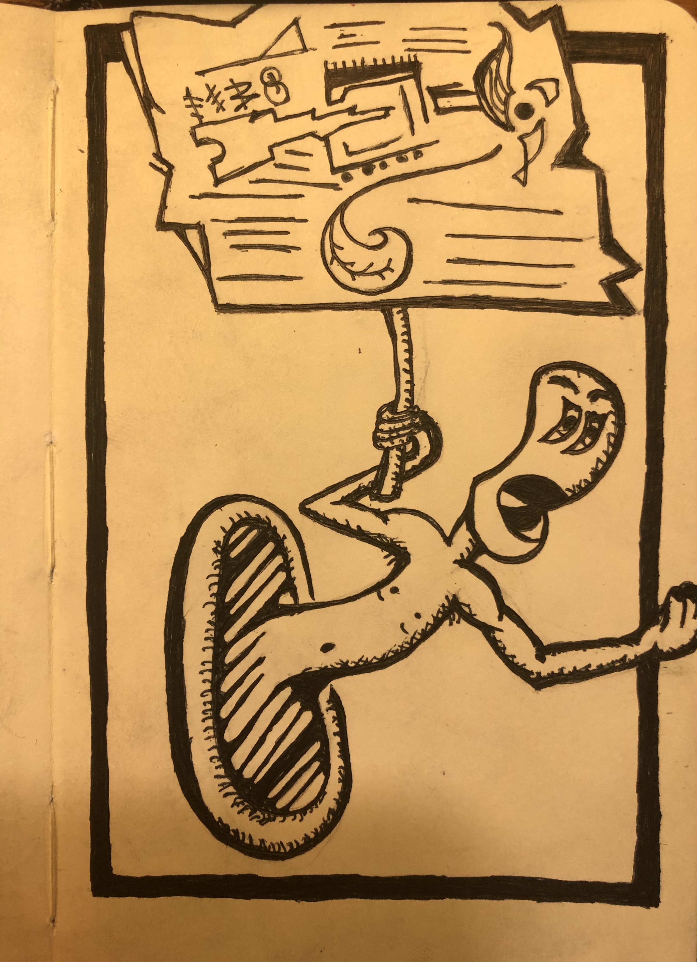 Ink drawing of an alien-looking individual, clearly upset, holding a sign in protest, and gesturing toward someone or something just out of frame. The individual is shirtless and appears to be emerging from some kind of portal.